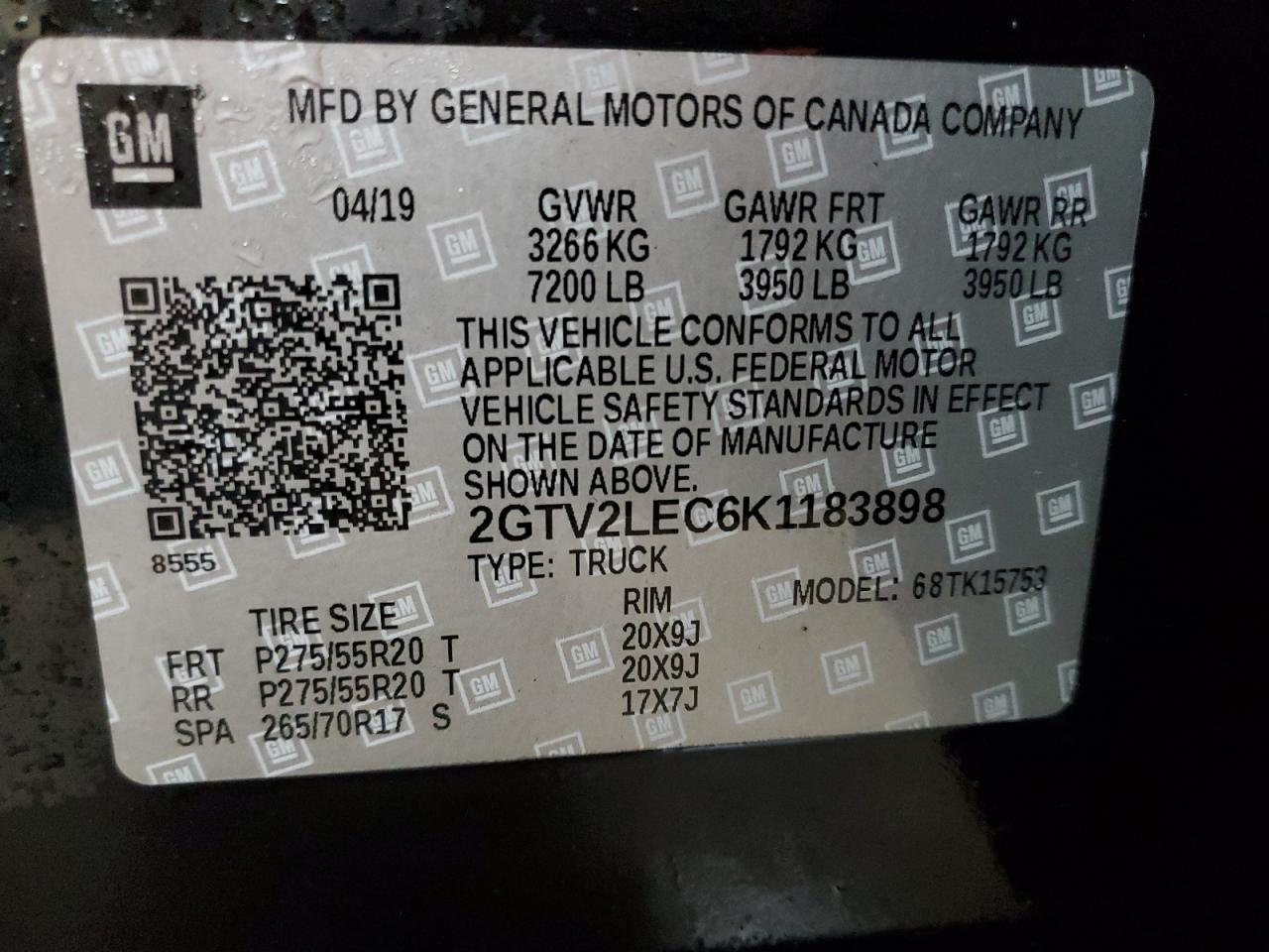 2019 GMC Sierra VIN 2GTV2LEC6K1183898 Copart auction photo, front end / minor dent/scratches damage thumbnail 12