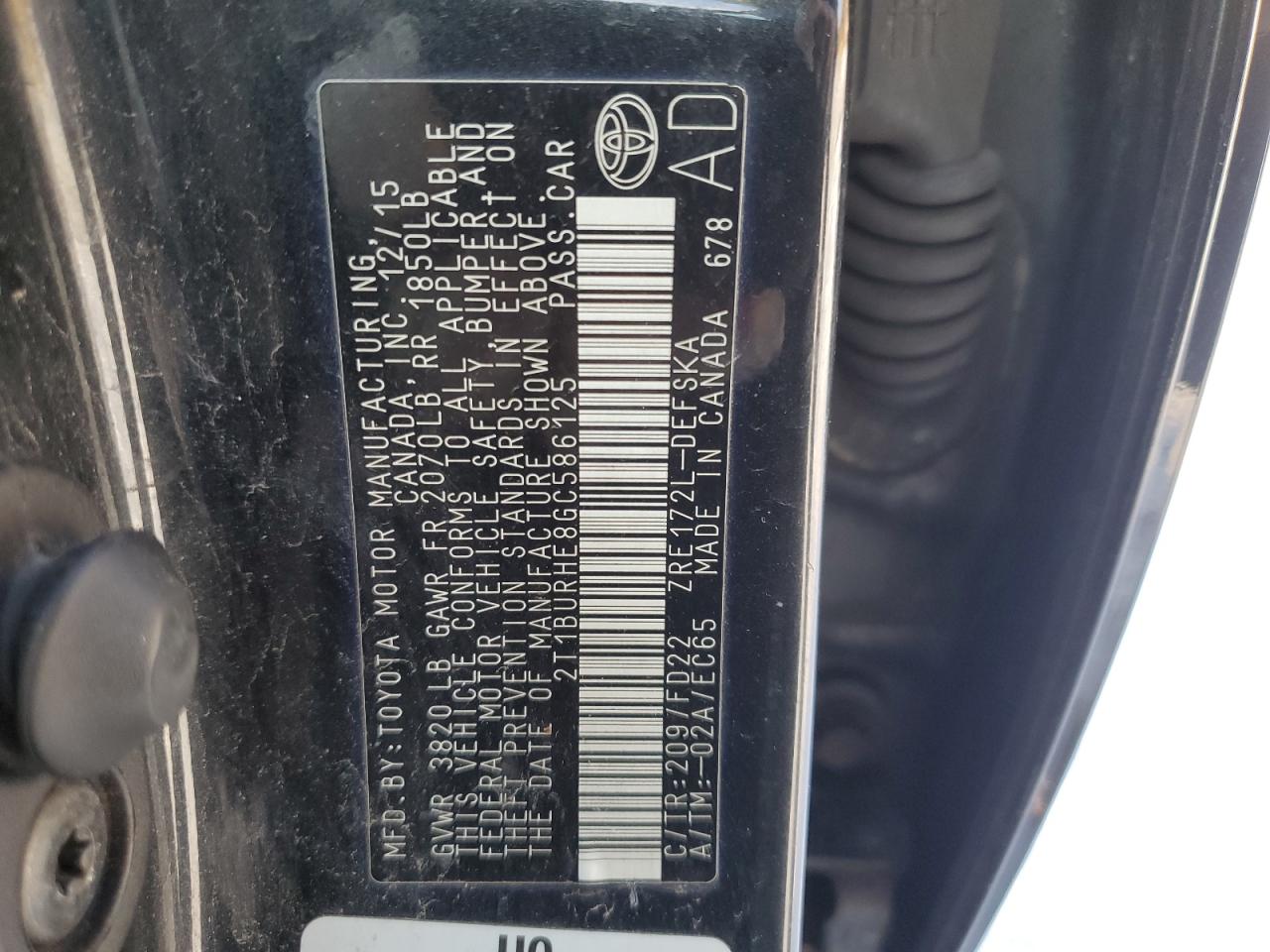 2016 Toyota Corolla VIN 2T1BURHE8GC586125 Copart auction photo, front end / side damage thumbnail 12