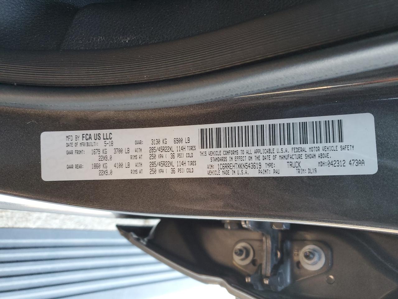 2019 RAM 1500 VIN 1C6RREHTXKN543619 Copart auction photo, all over damage thumbnail 12