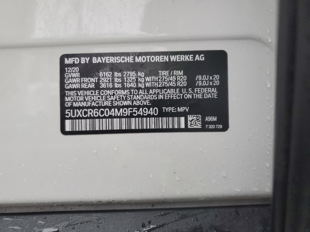2021 BMW X5 VIN 5UXCR6C04M9F54940 Copart auction photo, rear end / minor dent/scratches damage thumbnail 13