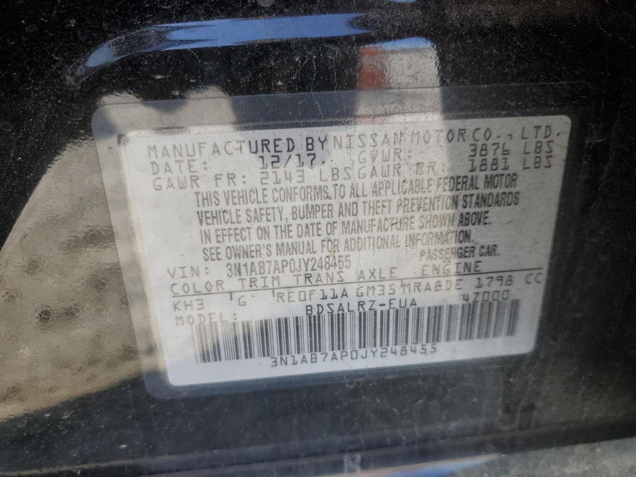 2018 Nissan Sentra VIN 3N1AB7AP0JY248455 Copart auction photo, rear end damage thumbnail 12