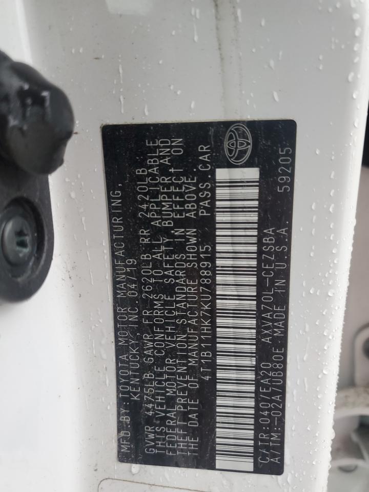 2019 Toyota Camry VIN 4T1B11HK7KU788915 Copart auction photo, front end / side damage thumbnail 13