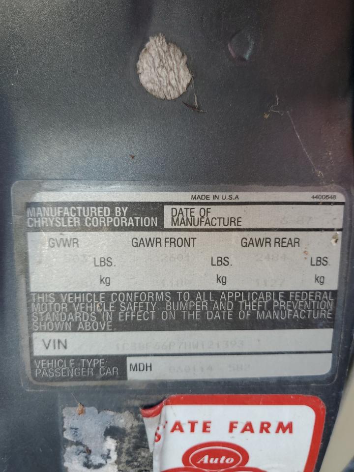 1987 Chrysler Fifth Avenue VIN 1C3BF66P7HW121393 Copart auction photo, mechanical / minor dent/scratches damage thumbnail 12