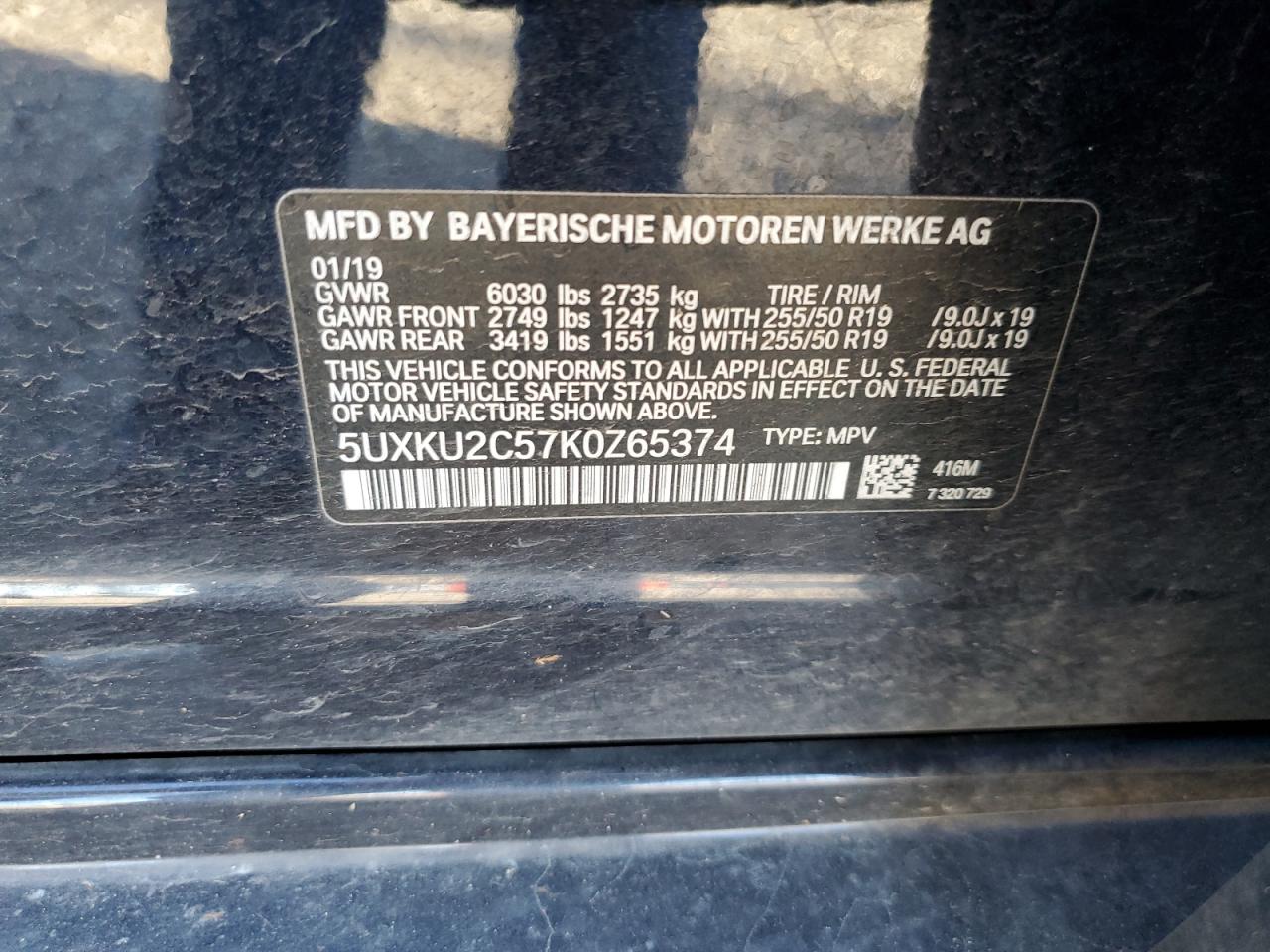 2019 BMW X6 VIN 5UXKU2C57K0Z65374 Copart auction photo, front end / side damage thumbnail 13