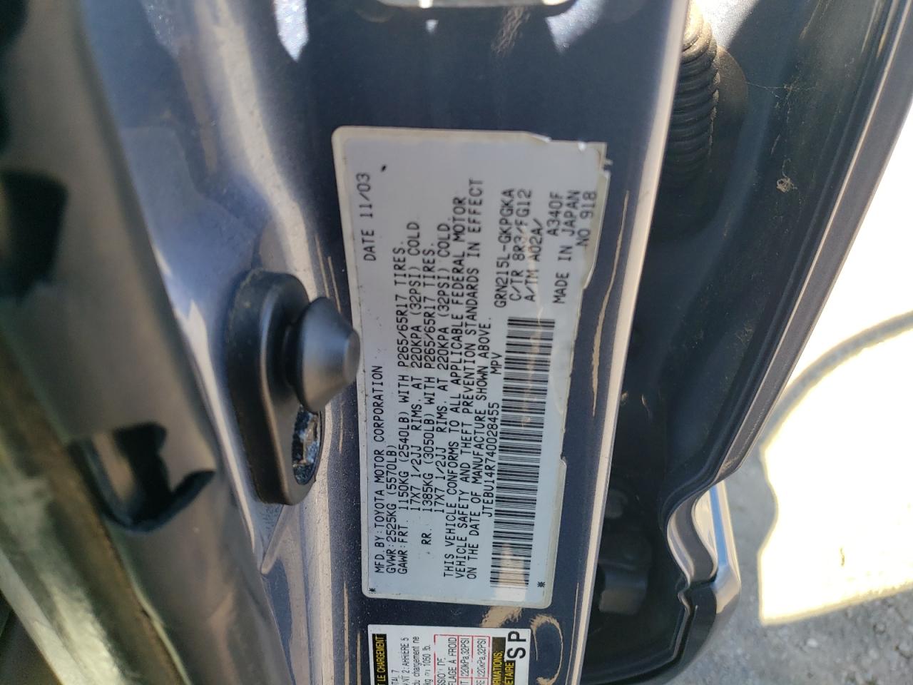 2004 Toyota 4Runner VIN JTEBU14R740028455 Copart auction photo, mechanical / rear end damage thumbnail 13