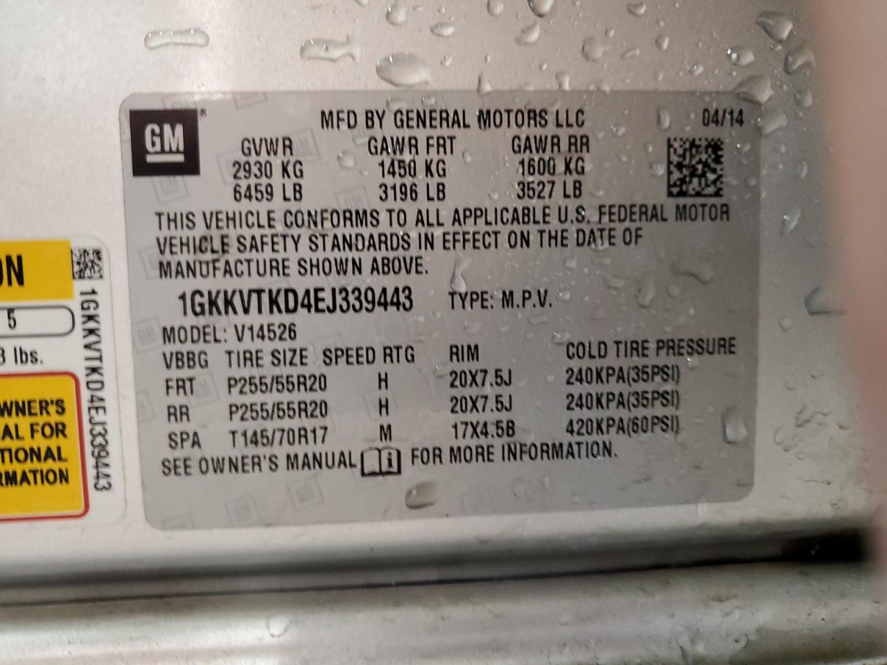 2014 GMC Acadia VIN 1GKKVTKD4EJ339443 Copart auction photo, front end damage thumbnail 13
