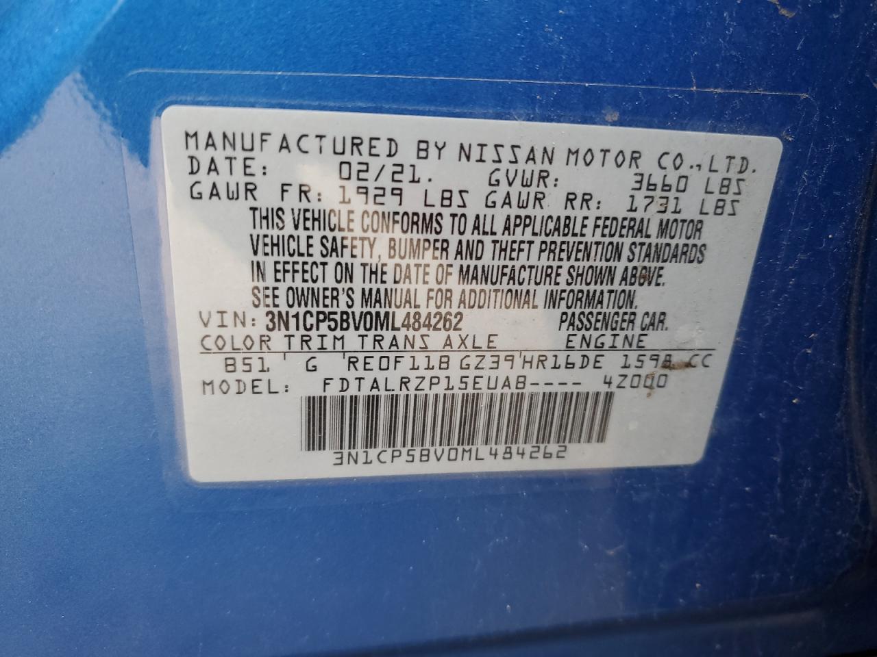 2021 Nissan Kicks VIN 3N1CP5BV0ML484262 Copart auction photo, side / minor dent/scratches damage thumbnail 13