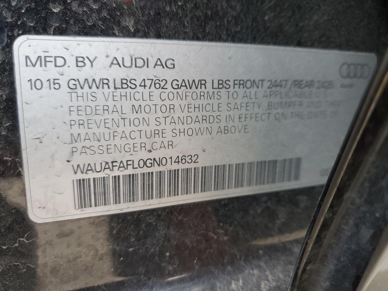 2016 Audi A4 VIN WAUAFAFL0GN014632 Copart auction photo, front end damage thumbnail 12