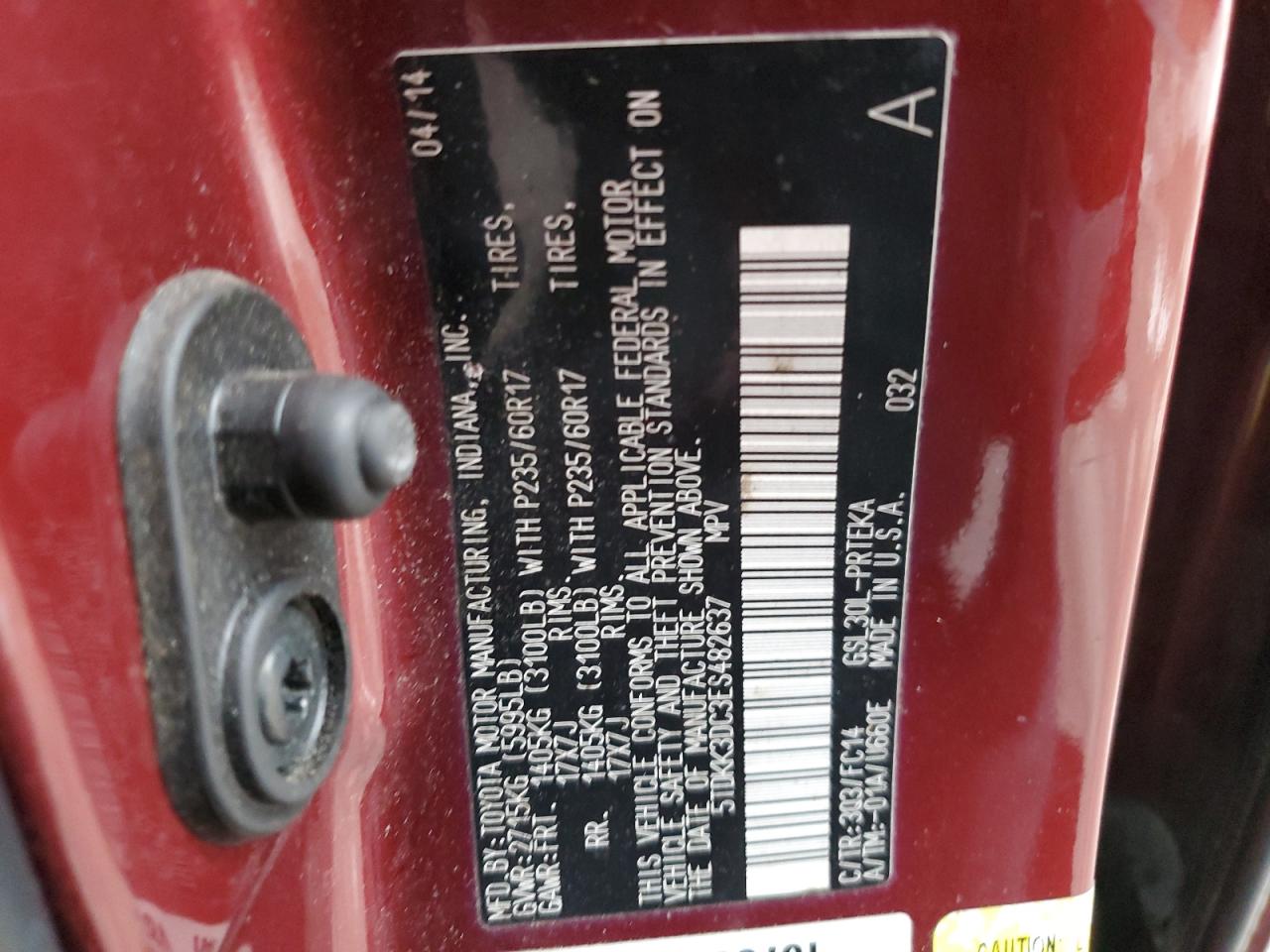 2014 Toyota Sienna VIN 5TDKK3DC3ES482637 Copart auction photo, front end / side damage thumbnail 14