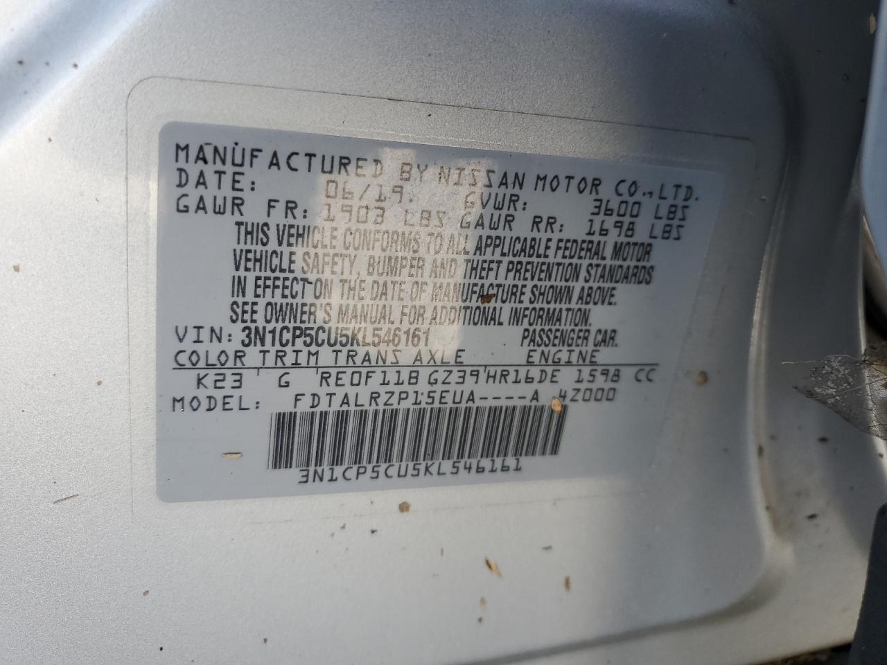 2019 Nissan Kicks VIN 3N1CP5CU5KL546161 Copart auction photo, water/flood damage thumbnail 13
