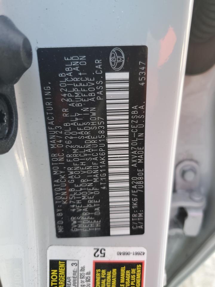 2023 Toyota Camry VIN 4T1G11AK6PU158357 Copart auction photo, front end damage thumbnail 13