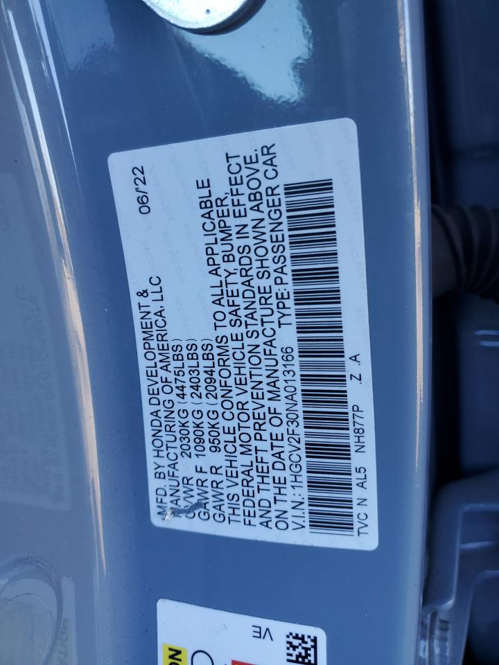 2022 Honda Accord VIN 1HGCV2F30NA013166 Copart auction photo, side / minor dent/scratches damage thumbnail 14