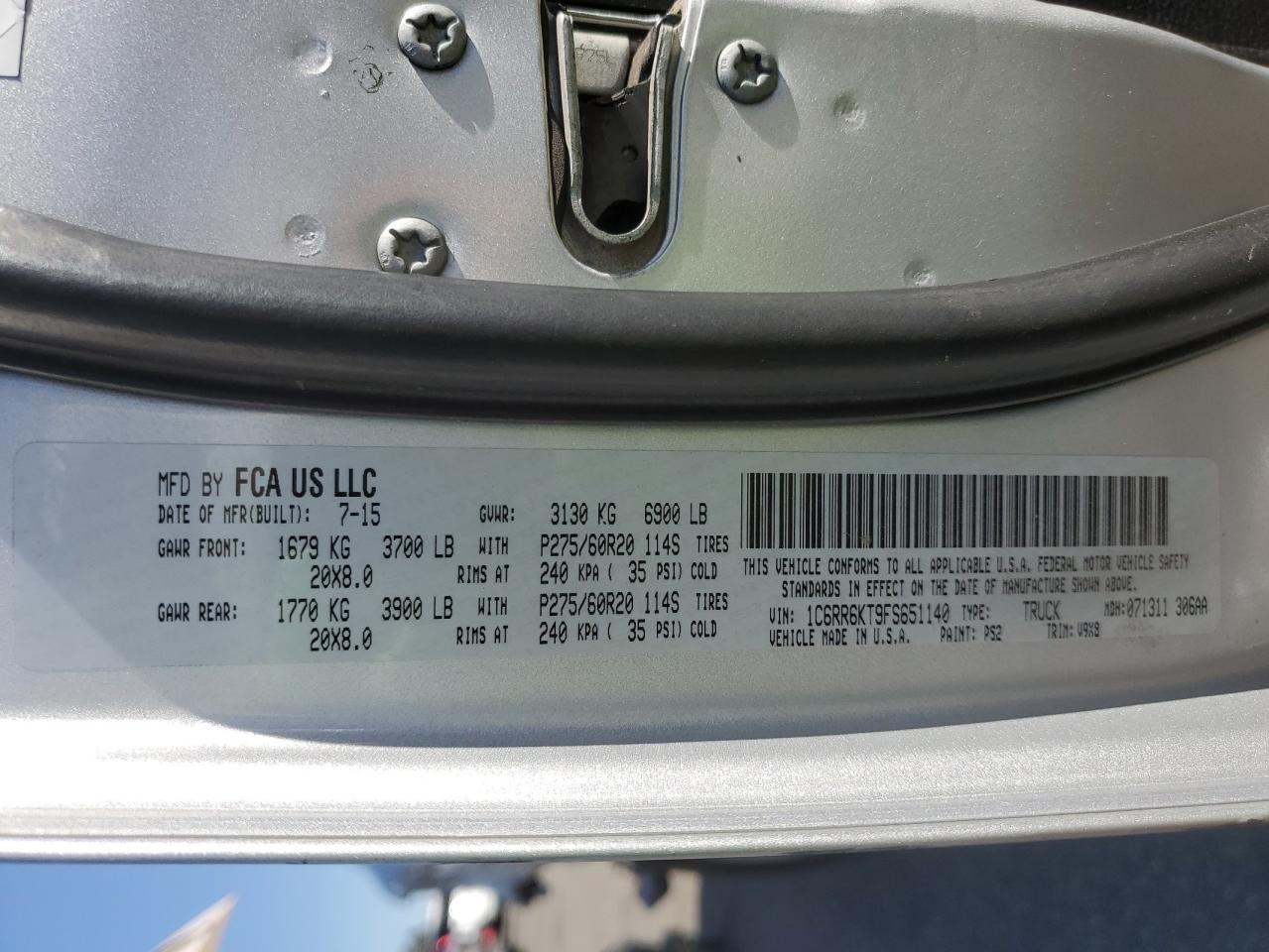 2015 RAM 1500 VIN 1C6RR6KT9FS651140 Copart auction photo, front end / side damage thumbnail 14