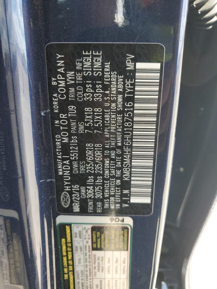 2017 Hyundai Santa Fe VIN KM8SM4HF6HU187516 Copart auction photo, front end damage thumbnail 14