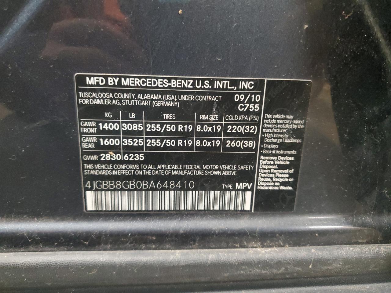 2011 Mercedes-Benz M-klasse VIN 4JGBB8GB0BA648410 Copart auction photo, front end damage thumbnail 13
