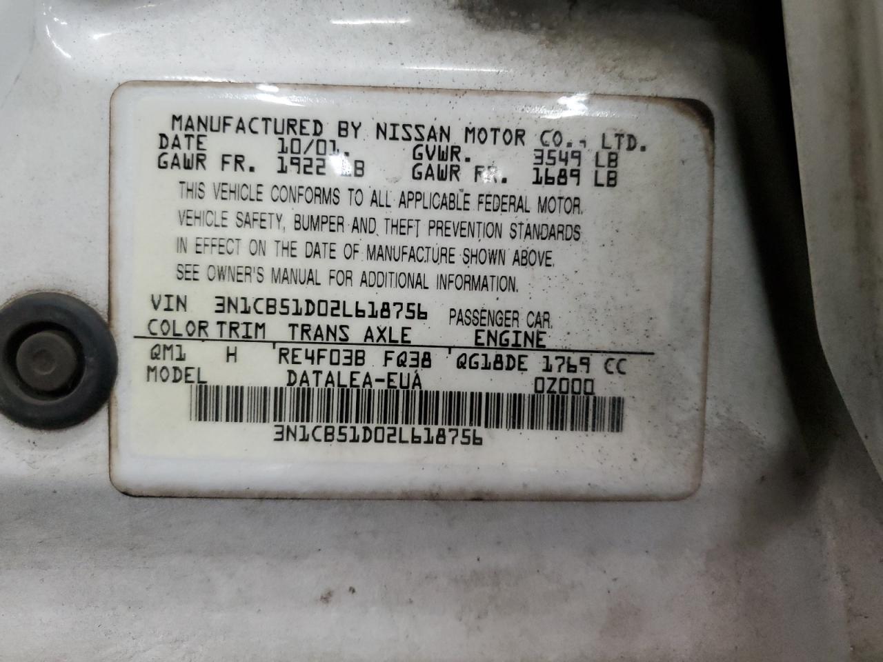 2002 Nissan Sentra VIN 3N1CB51D02L618756 Copart auction photo, all over damage thumbnail 13