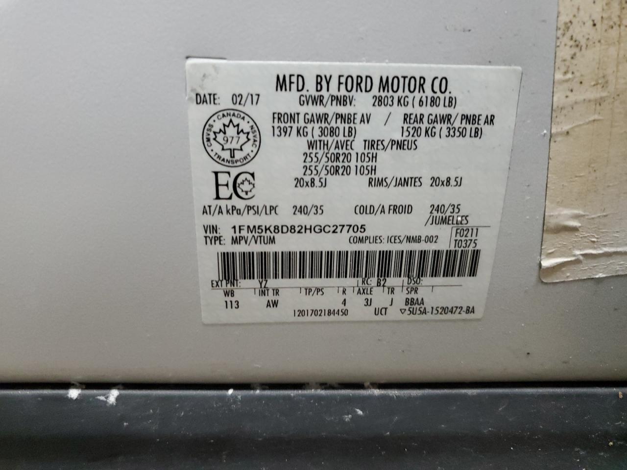 2017 Ford Explorer VIN 1FM5K8D82HGC27705 Copart auction photo, front end damage thumbnail 14