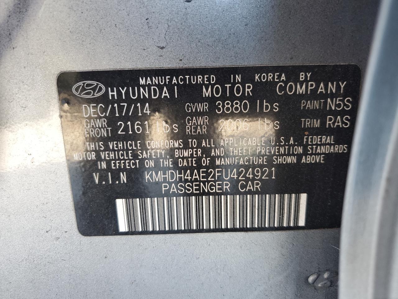 2015 Hyundai Elantra VIN KMHDH4AE2FU424921 Copart auction photo, vandalism / front end damage thumbnail 12