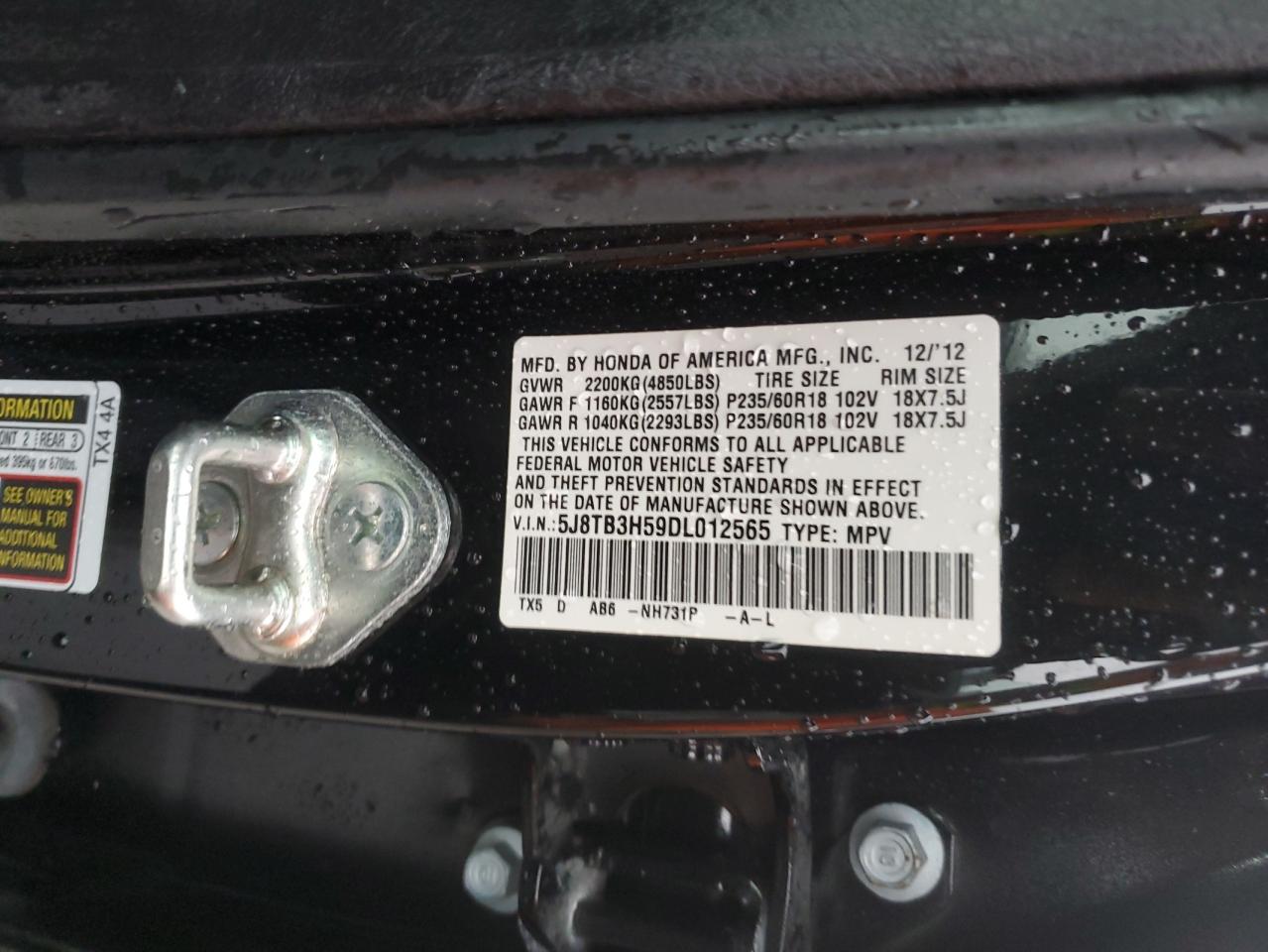 2013 Acura RDX VIN 5J8TB3H59DL012565 Copart auction photo, front end damage thumbnail 15