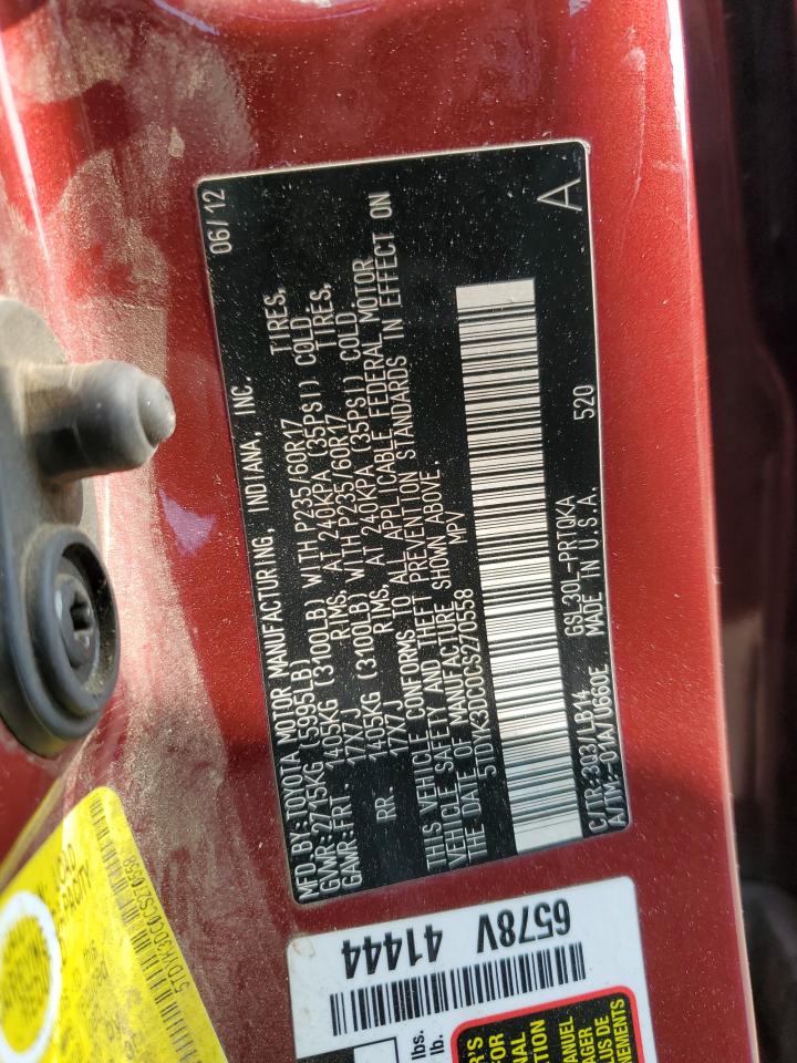 2012 Toyota Sienna VIN 5TDYK3DC0CS270558 Copart auction photo, front end damage thumbnail 14
