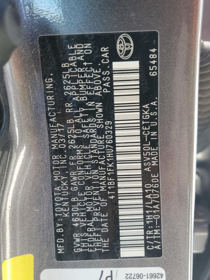 2017 Toyota Camry VIN 4T1BF1FK1HU760329 Copart auction photo, front end damage thumbnail 13