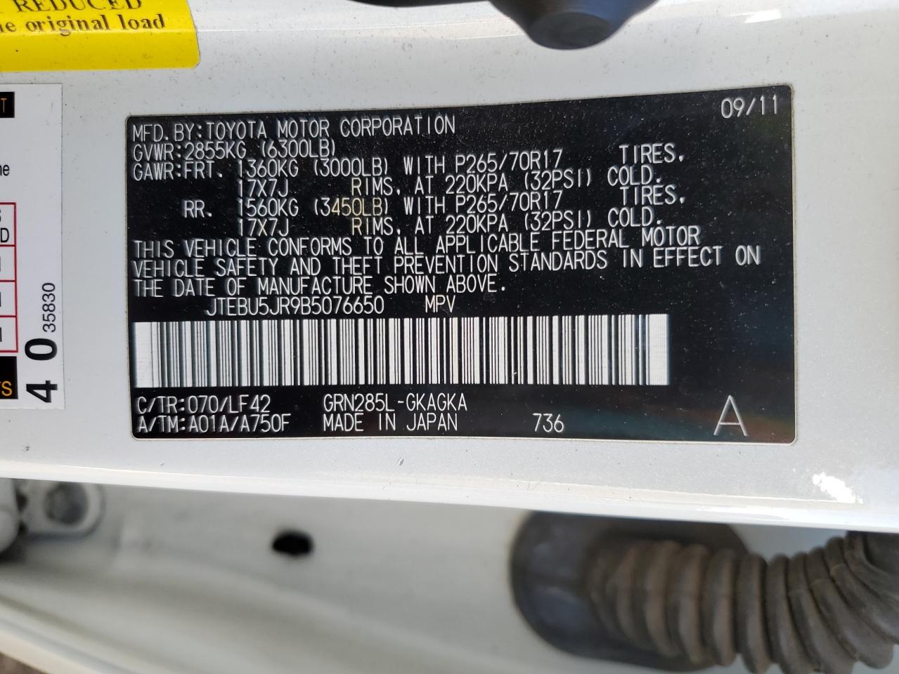 2011 Toyota 4Runner VIN JTEBU5JR9B5076650 Copart auction photo, front end / side damage thumbnail 15