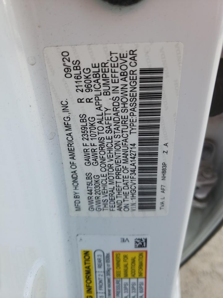 2020 Honda Accord VIN 1HGCV1F34LA142714 Copart auction photo, front end / minor dent/scratches damage thumbnail 14