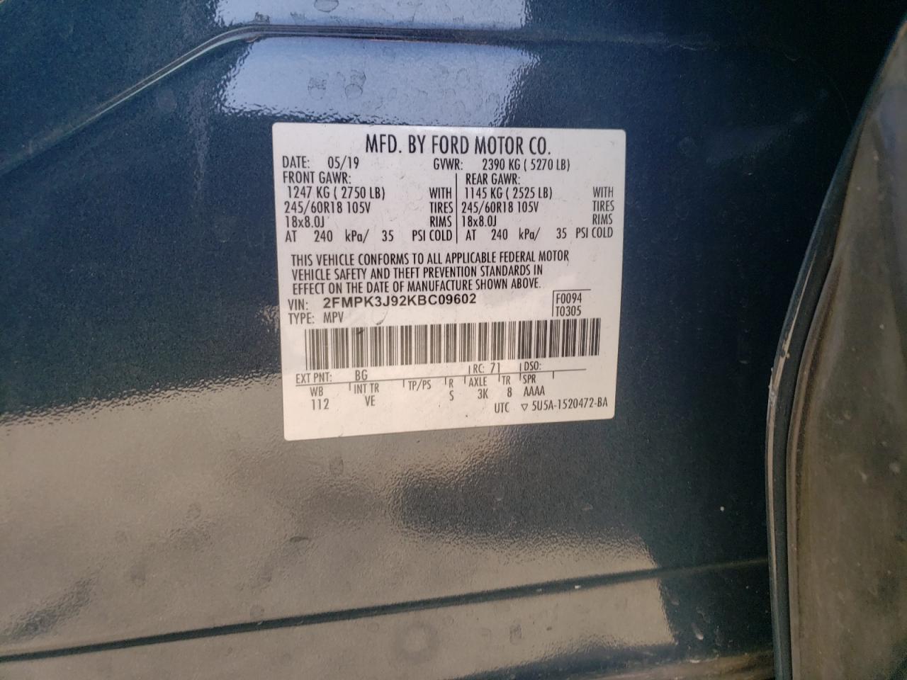2019 Ford Edge VIN 2FMPK3J92KBC09602 Copart auction photo, front end / side damage thumbnail 15