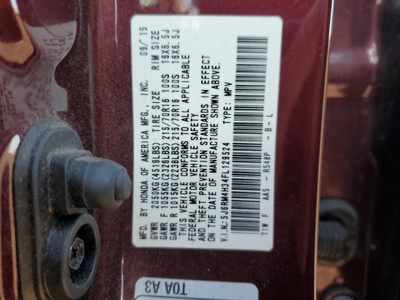 2015 Honda CR-V VIN 5J6RM4H34FL129524 Copart auction photo, front end damage thumbnail 15