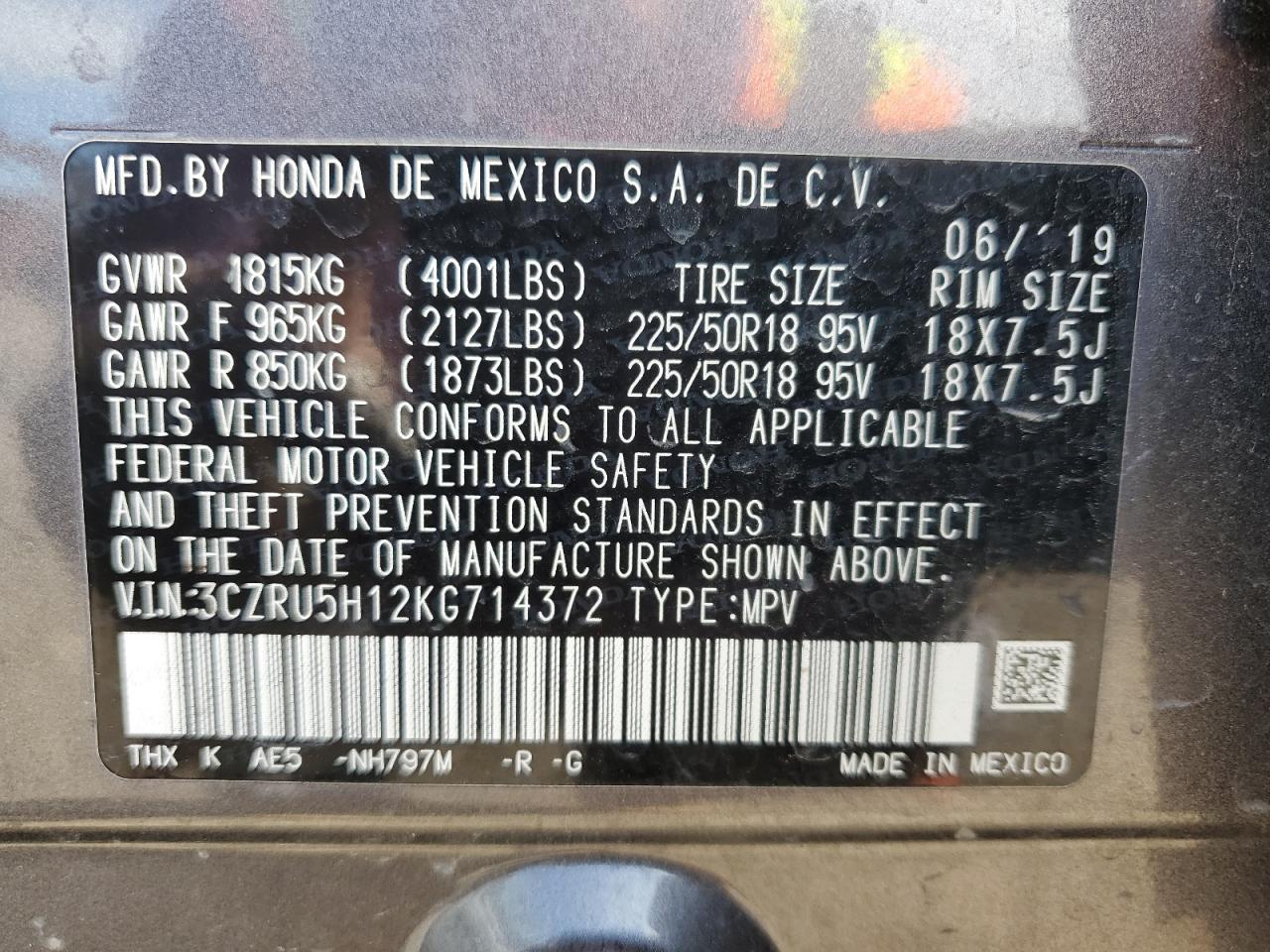 2019 Honda HR-V VIN 3CZRU5H12KG714372 Copart auction photo, rear end damage thumbnail 13