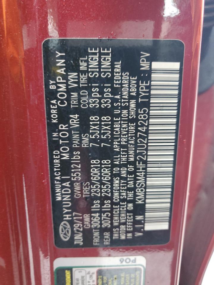 2018 Hyundai Santa Fe VIN KM8SM4HF2JU274285 Copart auction photo, mechanical damage thumbnail 13