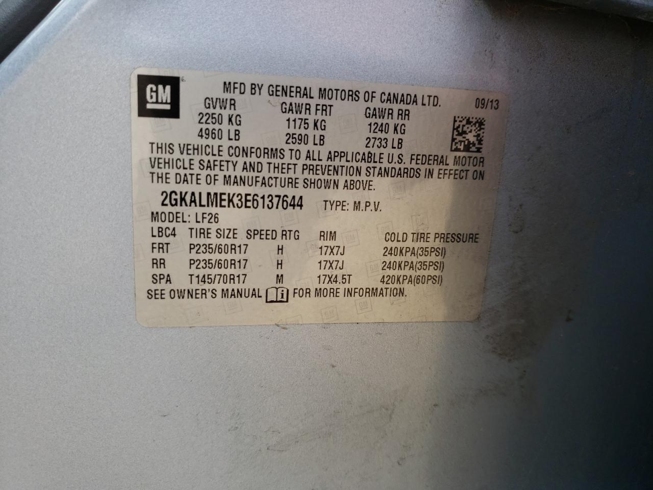 2014 GMC Terrain VIN 2GKALMEK3E6137644 Copart auction photo, front end damage thumbnail 13