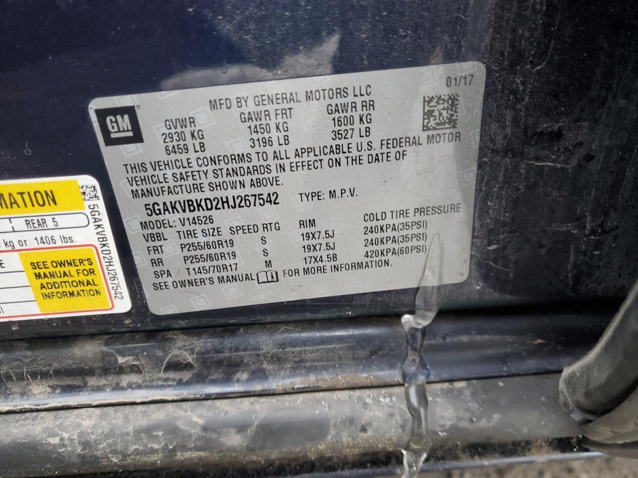 2017 Buick Enclave VIN 5GAKVBKD2HJ267542 Copart auction photo, front end / rear end damage thumbnail 13