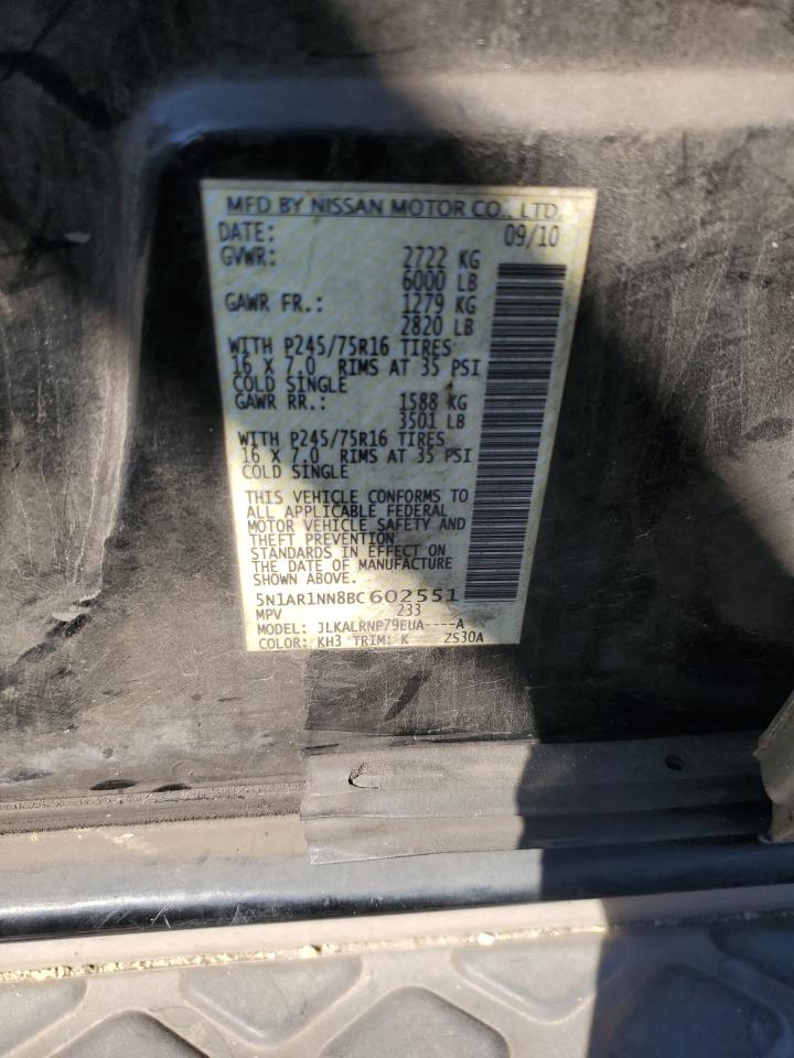 2011 Nissan Pathfinder VIN 5N1AR1NN8BC602551 Copart auction photo, burn damage thumbnail 12