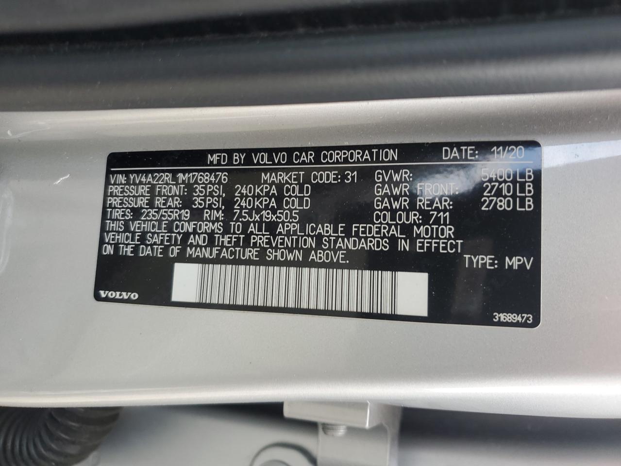 2021 Volvo XC60 VIN YV4A22RL1M1768476 Copart auction photo, side / front end damage thumbnail 13