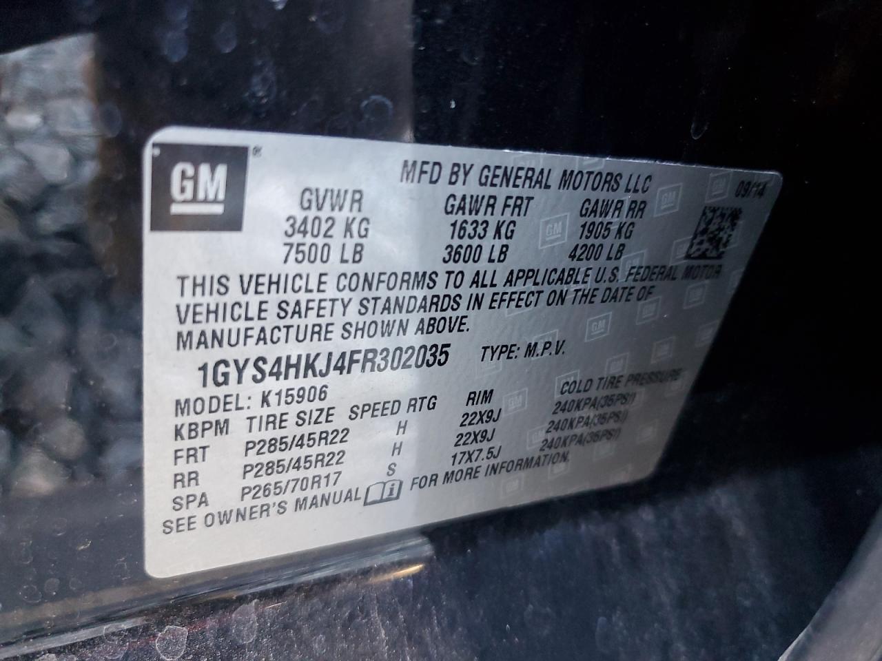 2015 Cadillac Escalade VIN 1GYS4HKJ4FR302035 Copart auction photo, burn / vandalism damage thumbnail 13