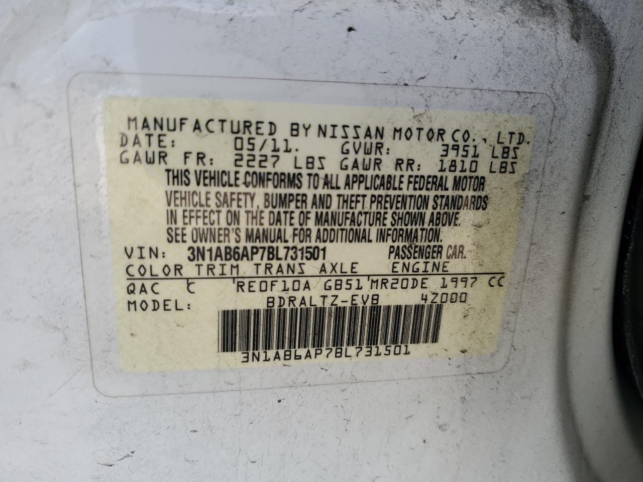 2011 Nissan Sentra VIN 3N1AB6AP7BL731501 Copart auction photo, front end / burn - engine damage thumbnail 15
