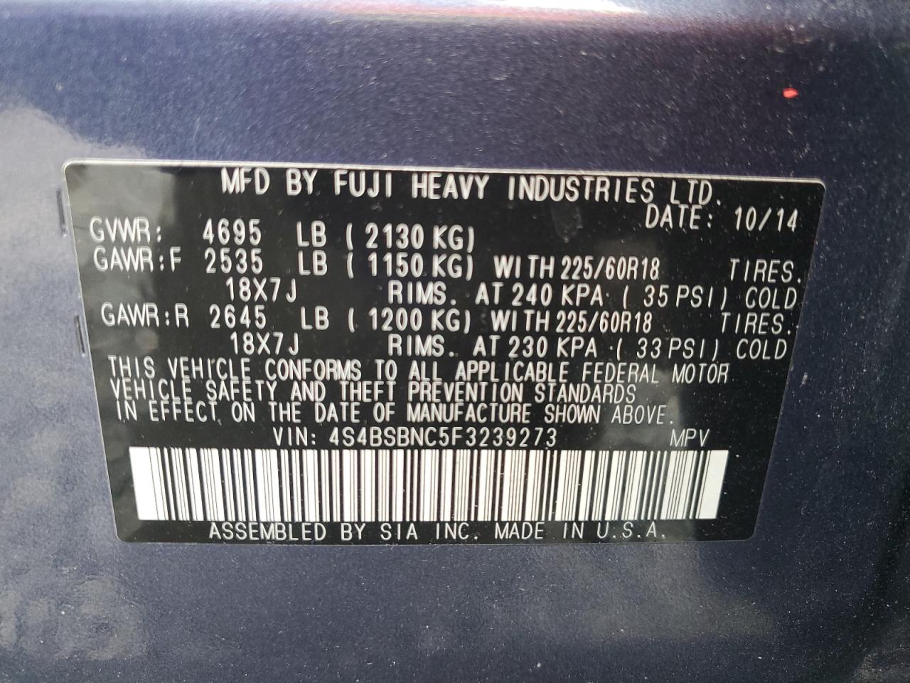 2015 Subaru Outback VIN 4S4BSBNC5F3239273 Copart auction photo, rear end / undercarriage damage thumbnail 16