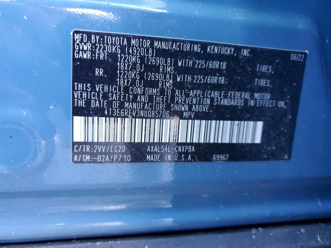 2022 Toyota RAV 4 VIN 4T3E6RFV3NU085706 Copart auction photo, front end damage thumbnail 13