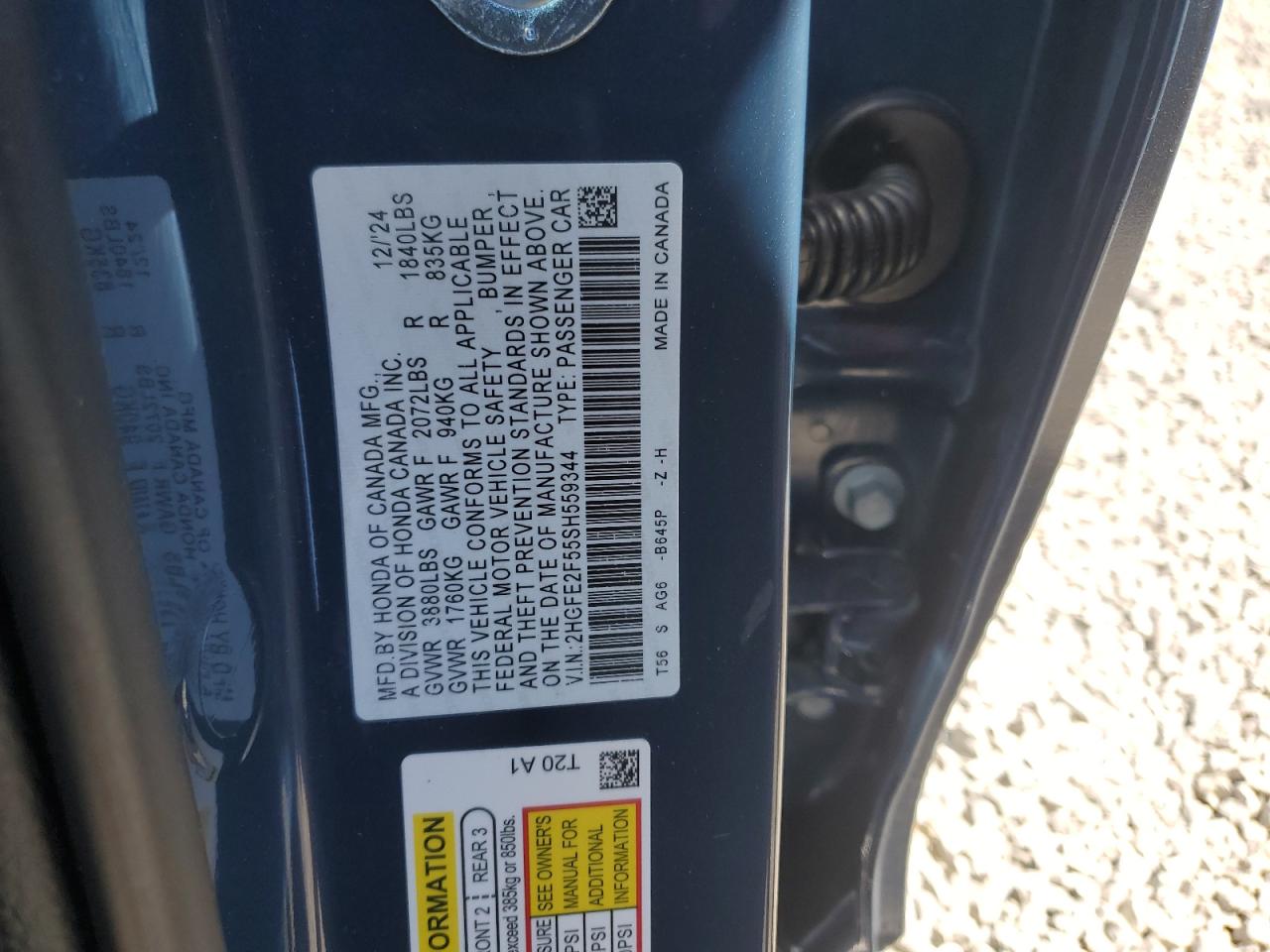 2025 Honda Civic VIN 2HGFE2F55SH559344 Copart auction photo, side damage thumbnail 12