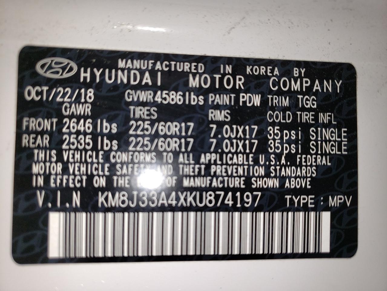 2019 Hyundai Tucson VIN KM8J33A4XKU874197 Copart auction photo, rear end / side damage thumbnail 13