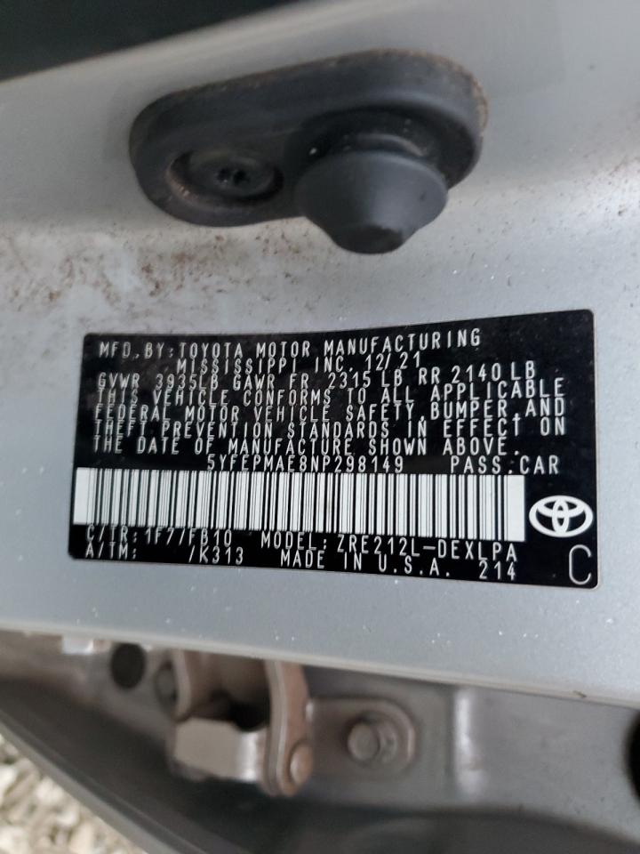 2022 Toyota Corolla VIN 5YFEPMAE8NP298149 Copart auction photo, front end damage thumbnail 12