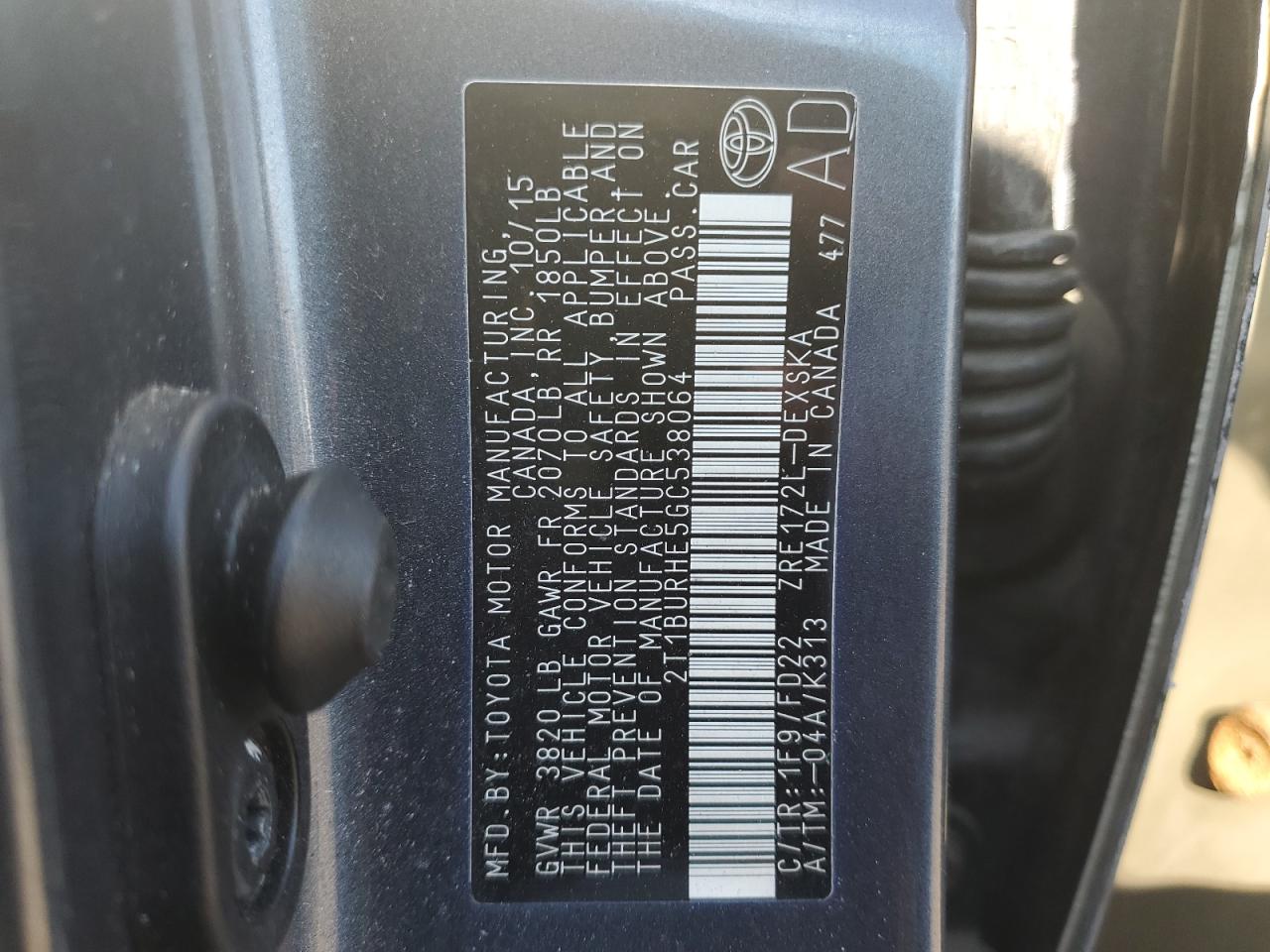 2016 Toyota Corolla VIN 2T1BURHE5GC538064 Copart auction photo, rear end / side damage thumbnail 12