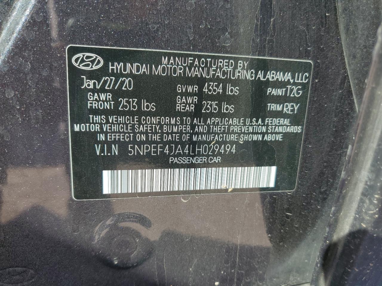2020 Hyundai Sonata VIN 5NPEF4JA4LH029494 Copart auction photo, front end / rear end damage thumbnail 16
