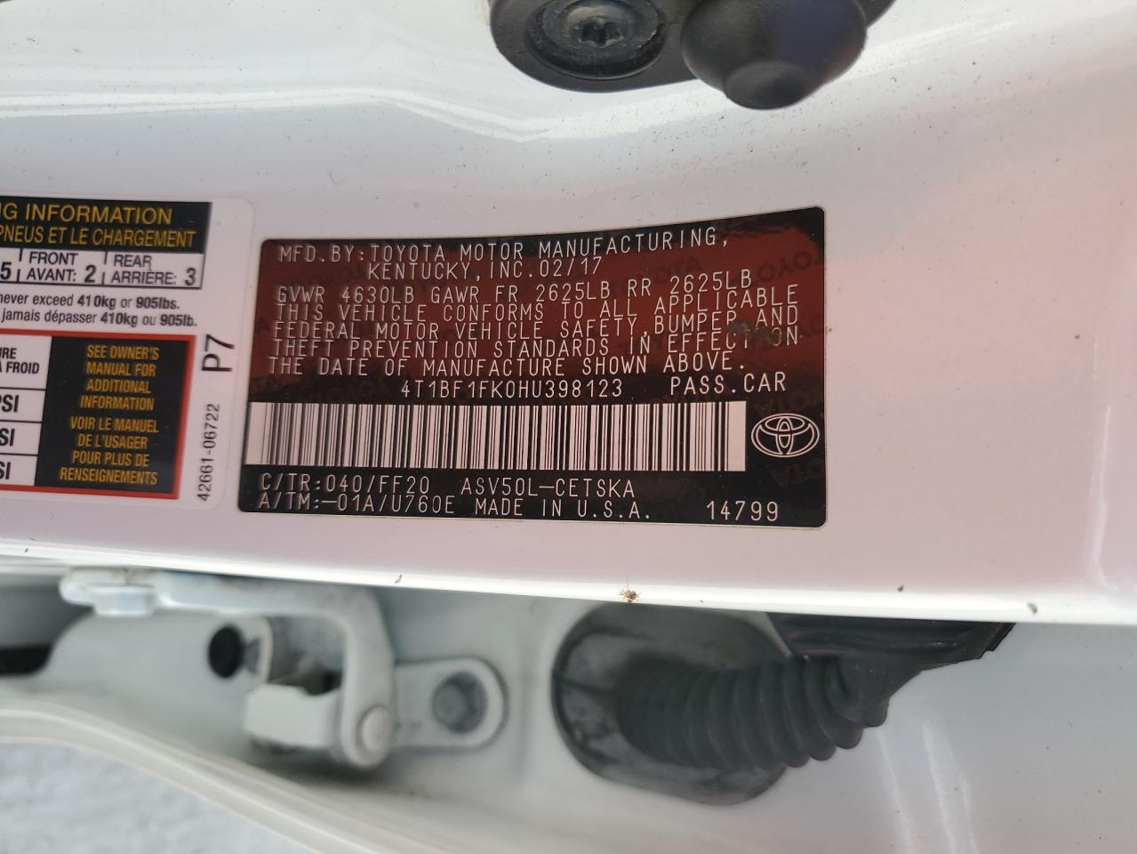 2017 Toyota Camry VIN 4T1BF1FK0HU398123 Copart auction photo, front end damage thumbnail 12