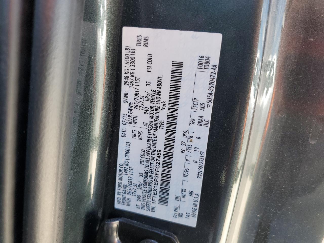 2015 Ford F-150 VIN 1FTEX1EP3FFC27489 Copart auction photo, minor dent/scratches damage thumbnail 12