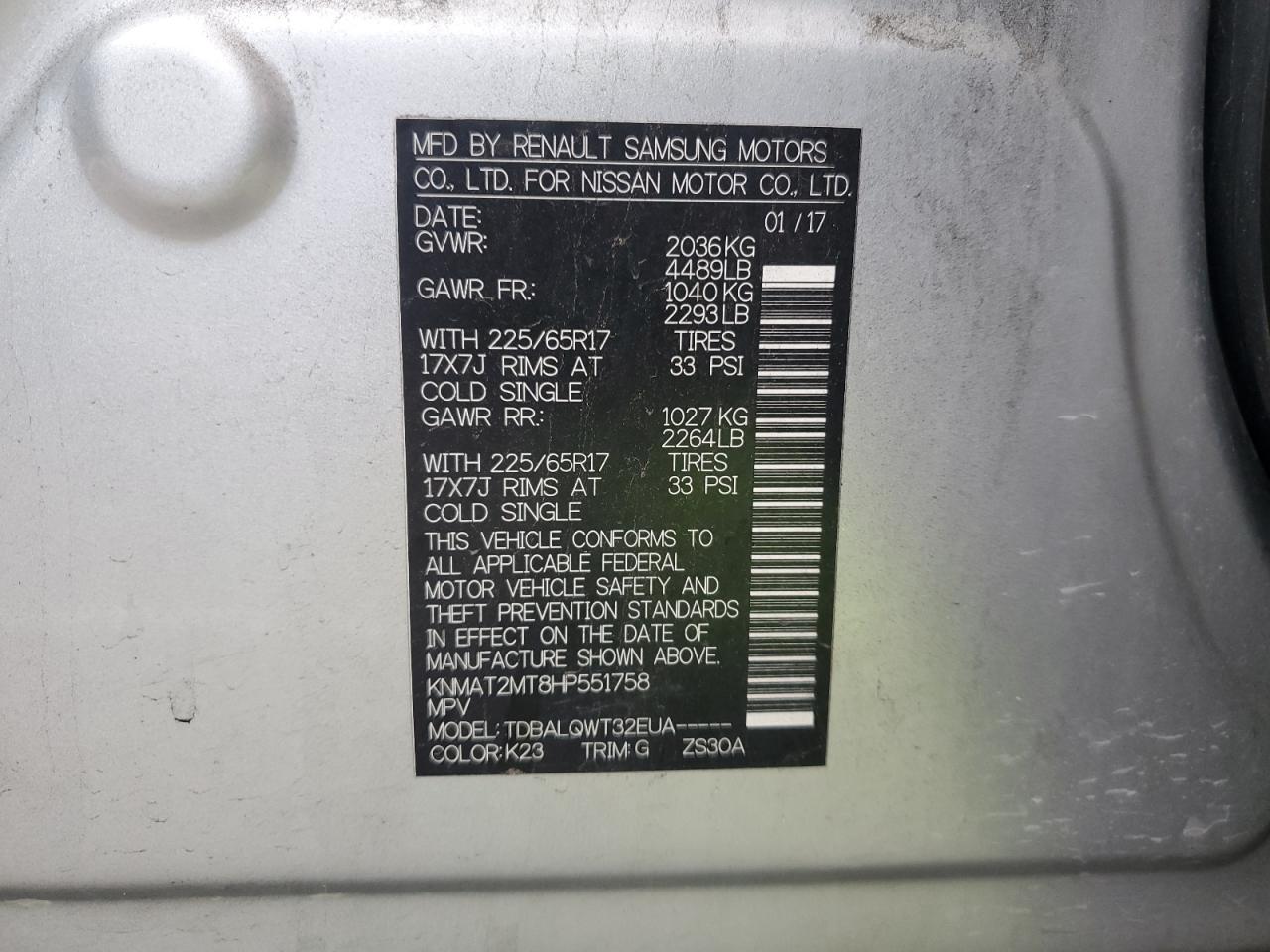2017 Nissan Rogue VIN KNMAT2MT8HP551758 Copart auction photo, front end damage thumbnail 13