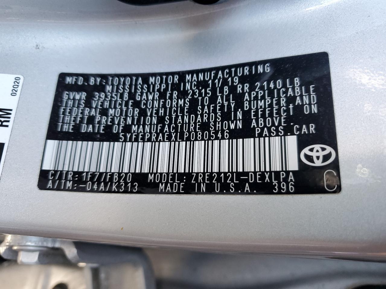 2020 Toyota Corolla VIN 5YFEPRAEXLP080546 Copart auction photo, side damage thumbnail 12