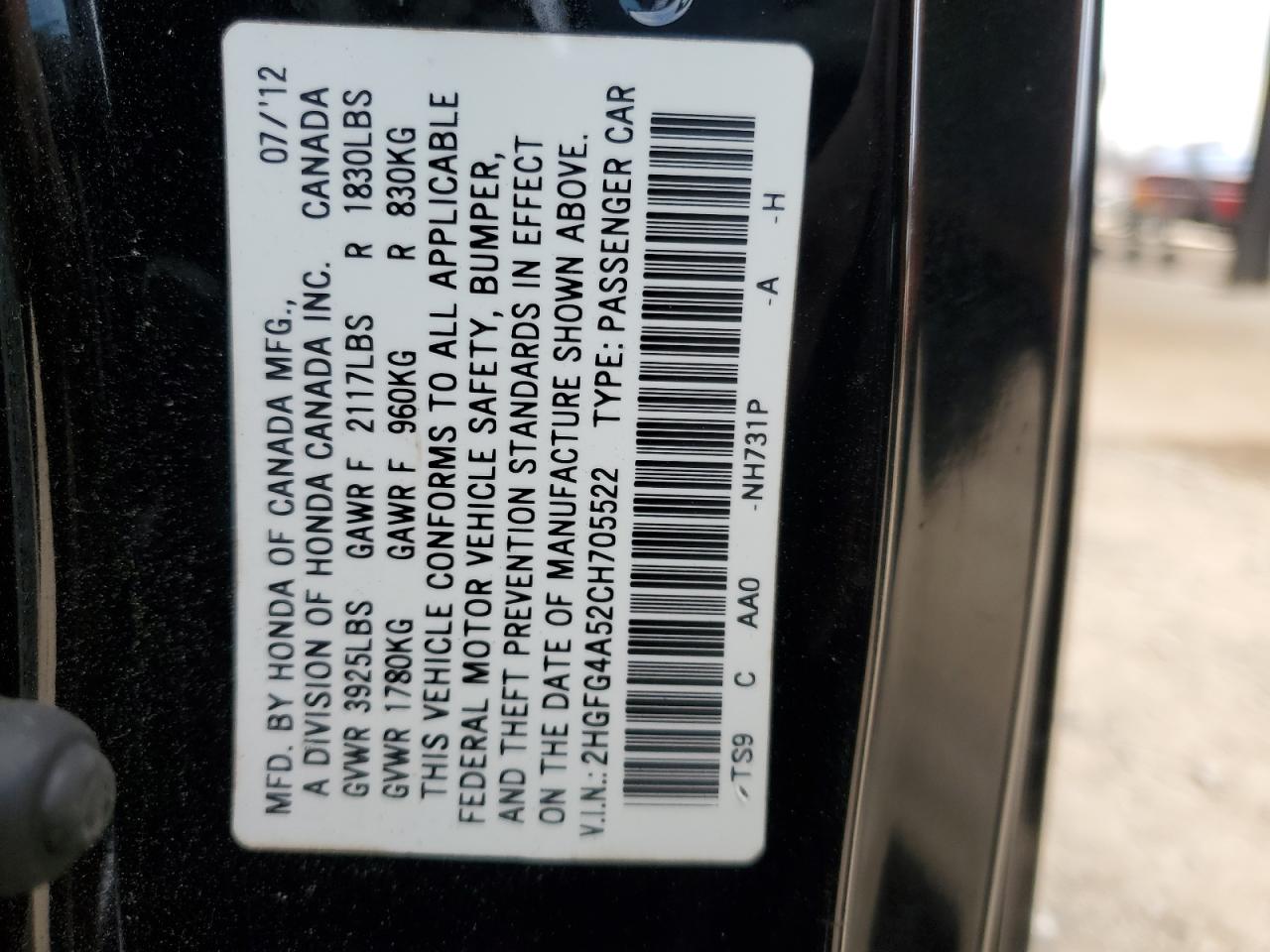 2012 Honda Civic VIN 2HGFG4A52CH705522 Copart auction photo, side / undercarriage damage thumbnail 12