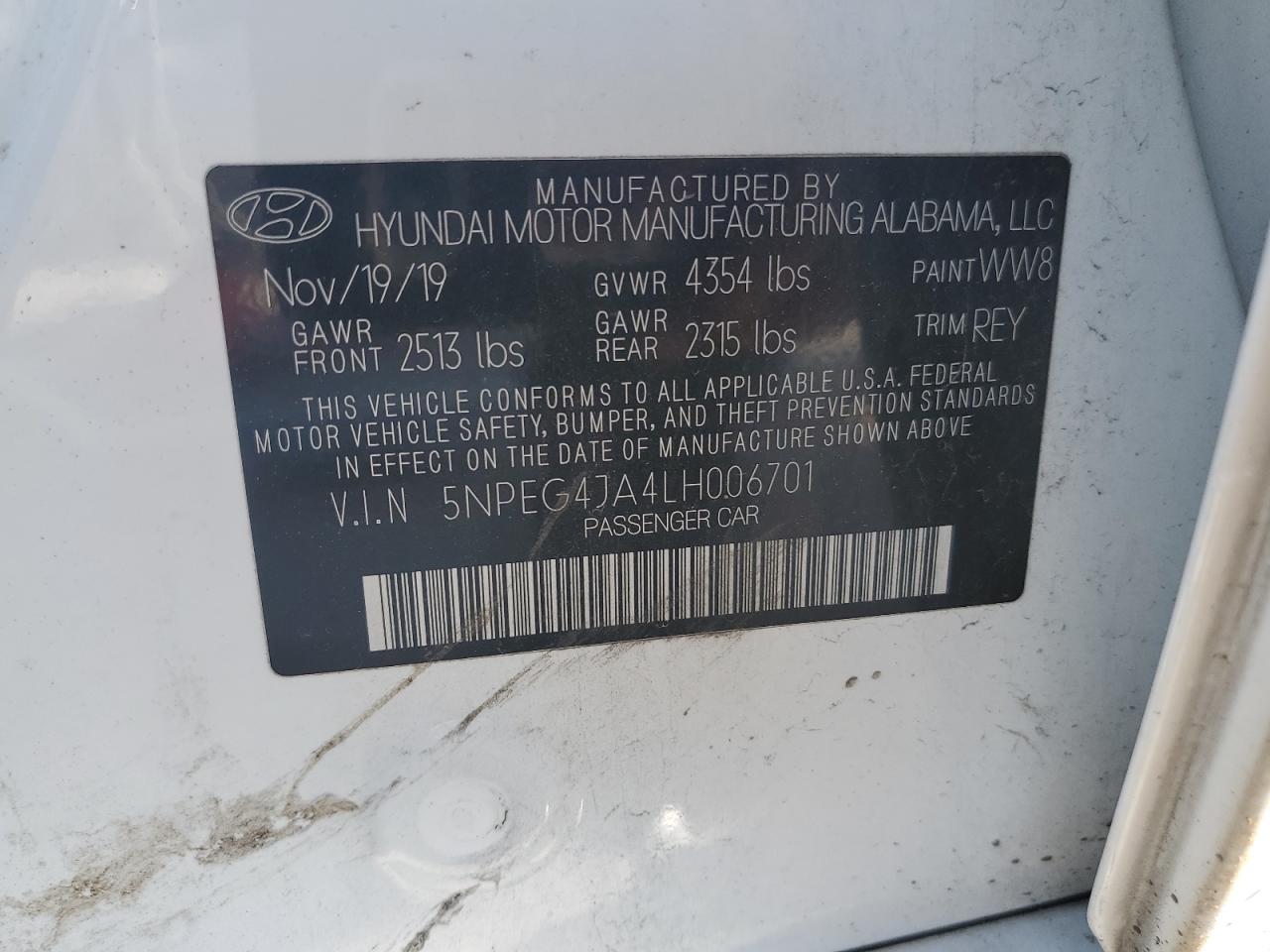 2020 Hyundai Sonata VIN 5NPEG4JA4LH006701 Copart auction photo, all over damage thumbnail 13
